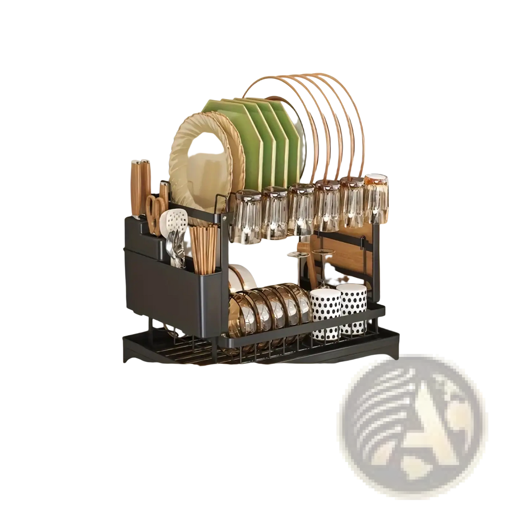 Black stainless steel two-tier dish drainer rack with integrated utensil holder and glass hooks for kitchen organization