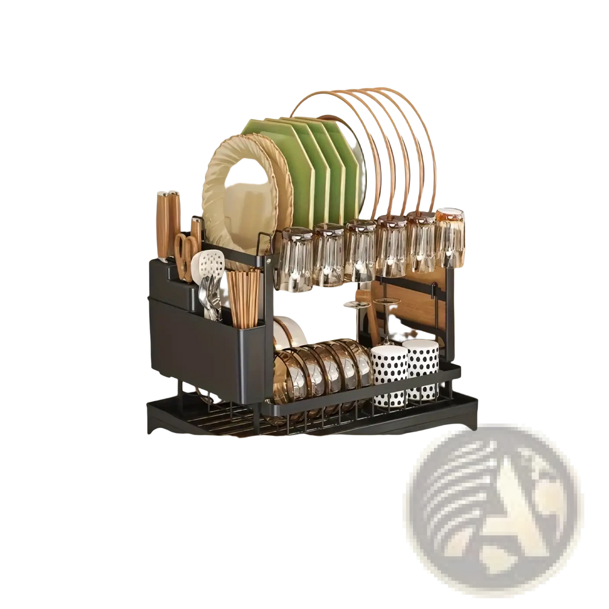 Black stainless steel two-tier dish drainer rack with integrated utensil holder and glass hooks for kitchen organization