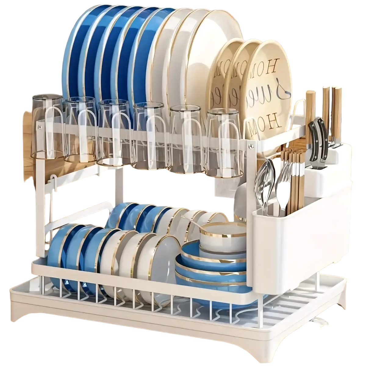 White two-tier dish drainer rack with clear glassware holders and utensil storage compartments for kitchen use