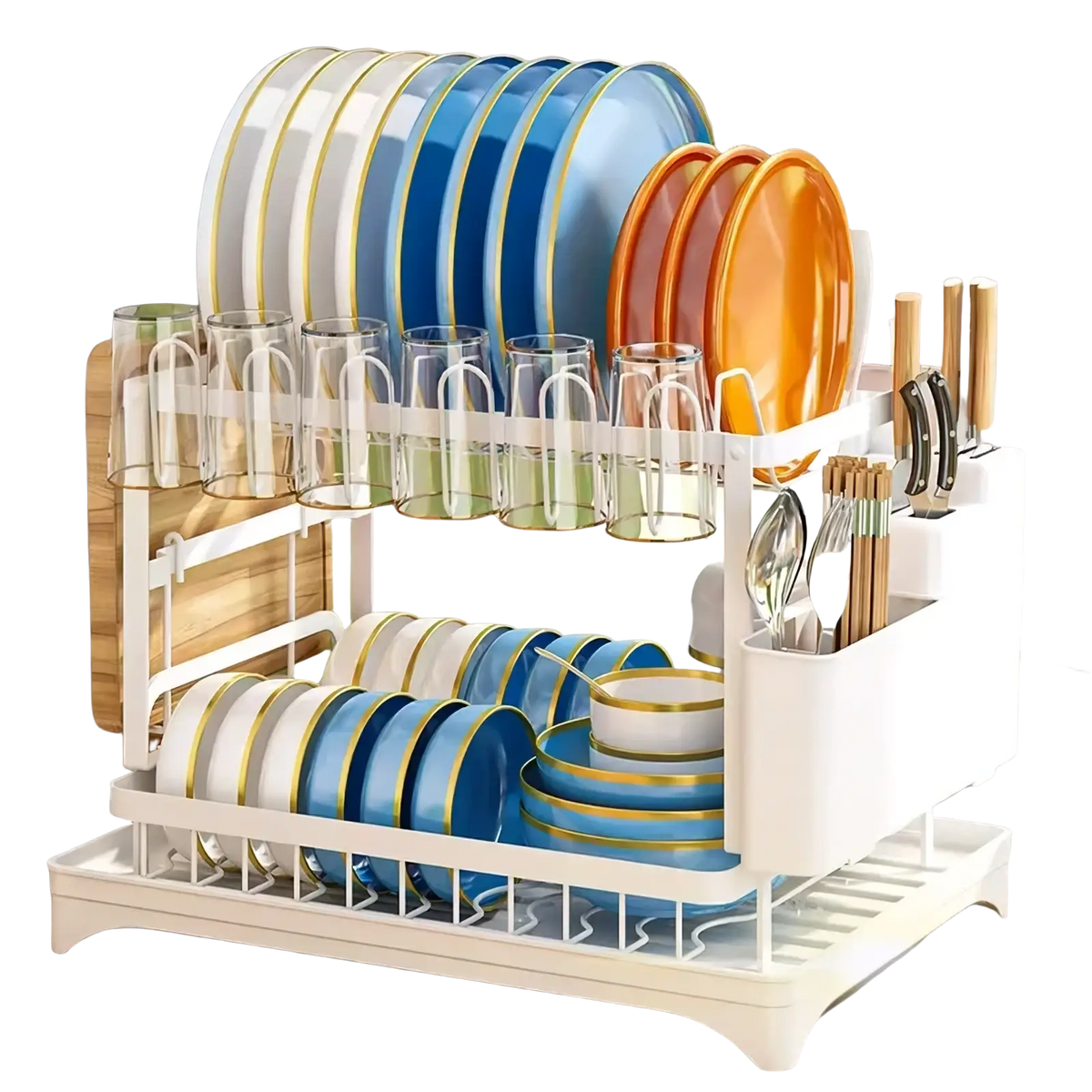 White two-tier dish drainer rack with utensil holder featuring gold-trimmed plates, glasses, and knife block