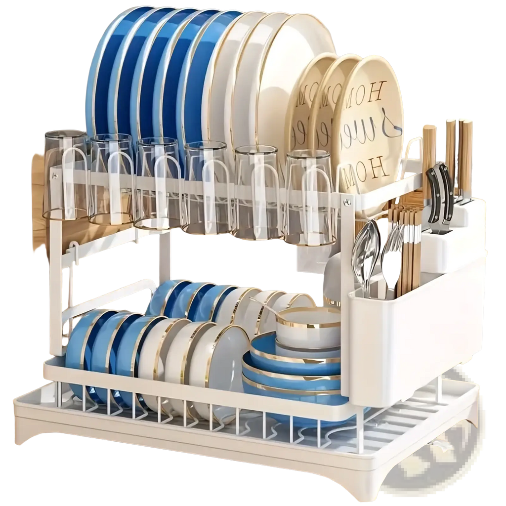 White two-tier dish drainer rack with clear glassware holders and utensil storage compartments for kitchen use