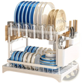 White two-tier dish drainer rack with clear glassware holders and utensil storage compartments for kitchen use