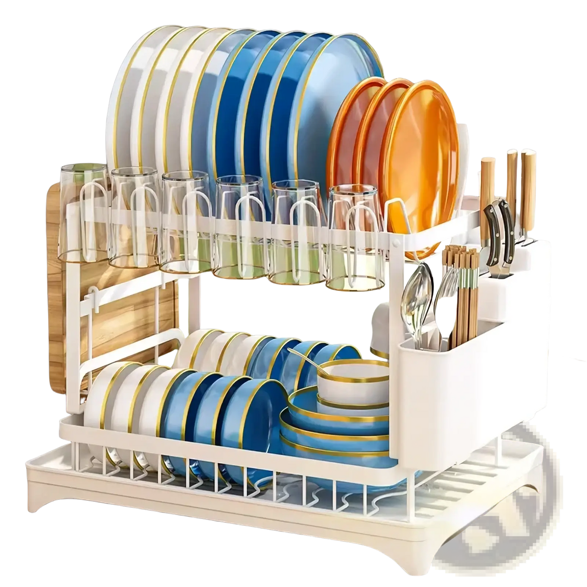 White two-tier dish drainer rack with utensil holder featuring gold-trimmed plates, glasses, and knife block