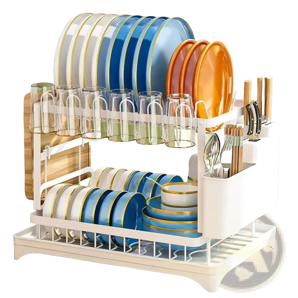White two-tier dish drainer rack with integrated utensil and knife holder holding colorful plates and glasses