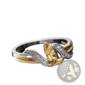 Two tone 18k gold and silver ring with a central praying hands design adorned with clear cubic zirconia stones