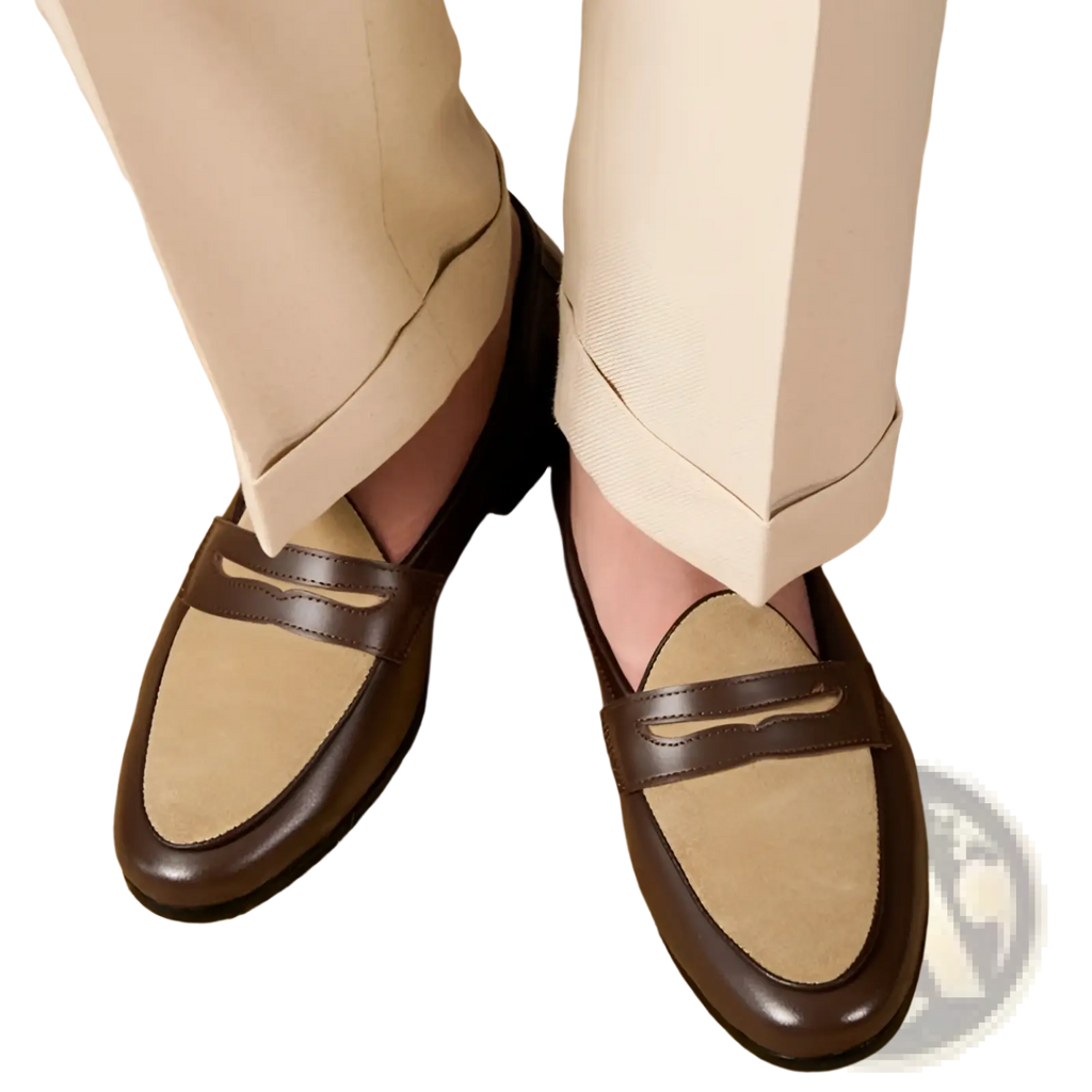Brown and tan suede two tone british style loafers with classic penny loafer design and block heel