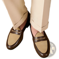 Brown and tan suede two tone british style loafers with classic penny loafer design and block heel