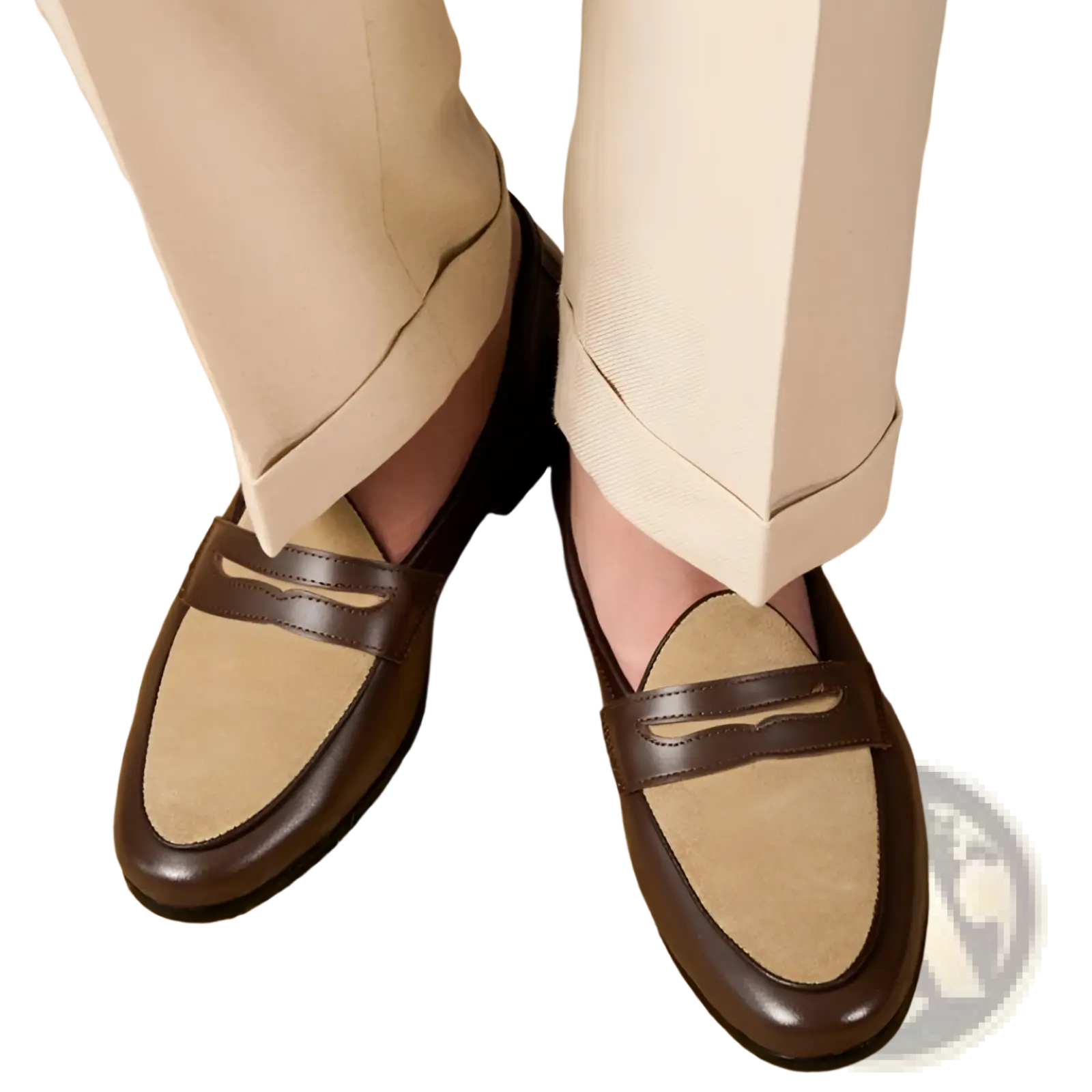 Brown and tan suede two tone british style loafers with classic penny loafer design and block heel