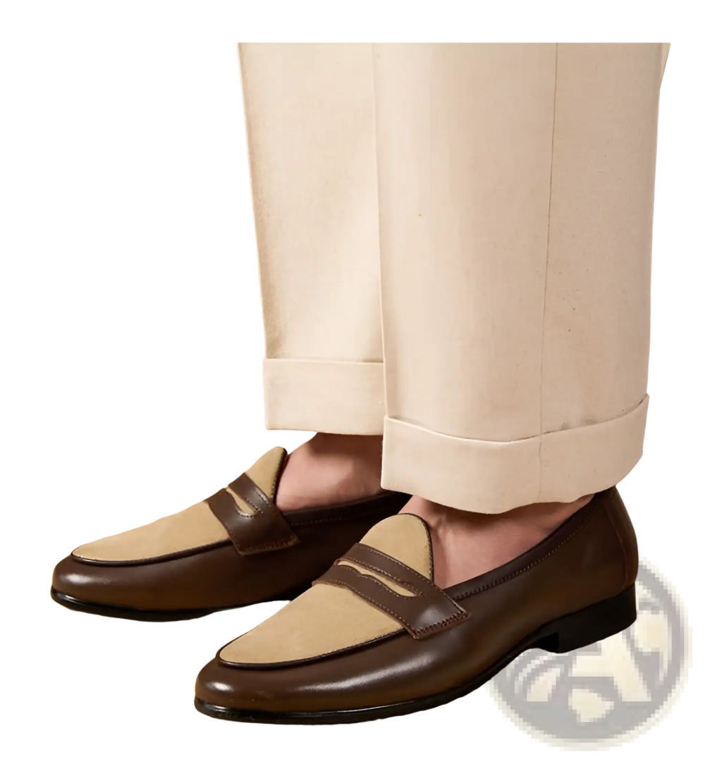 Brown and beige leather two tone british style suede loafers with block heel and classic design