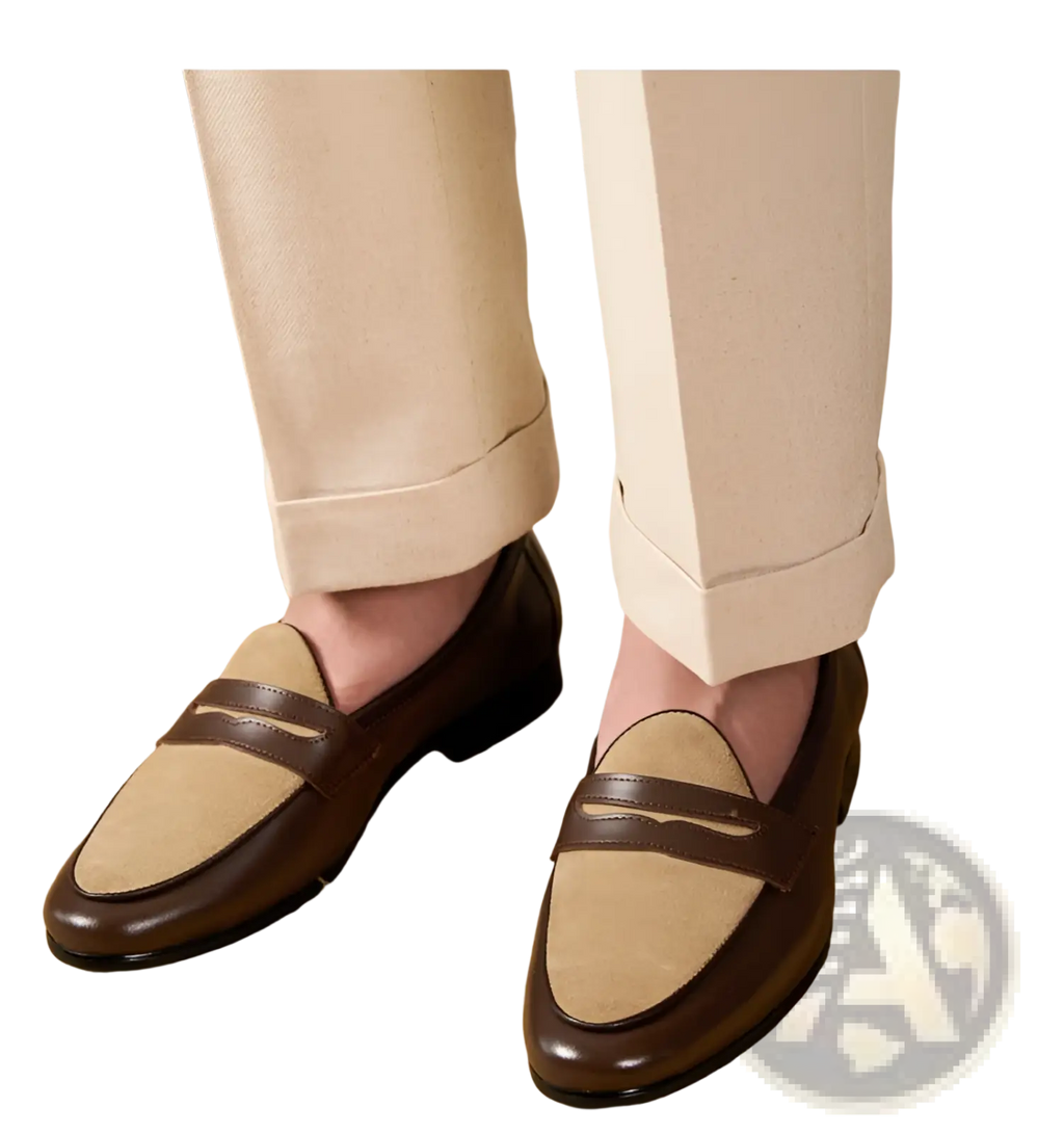 Brown and beige two tone British style suede loafers with block heel in a classic slip on leather design