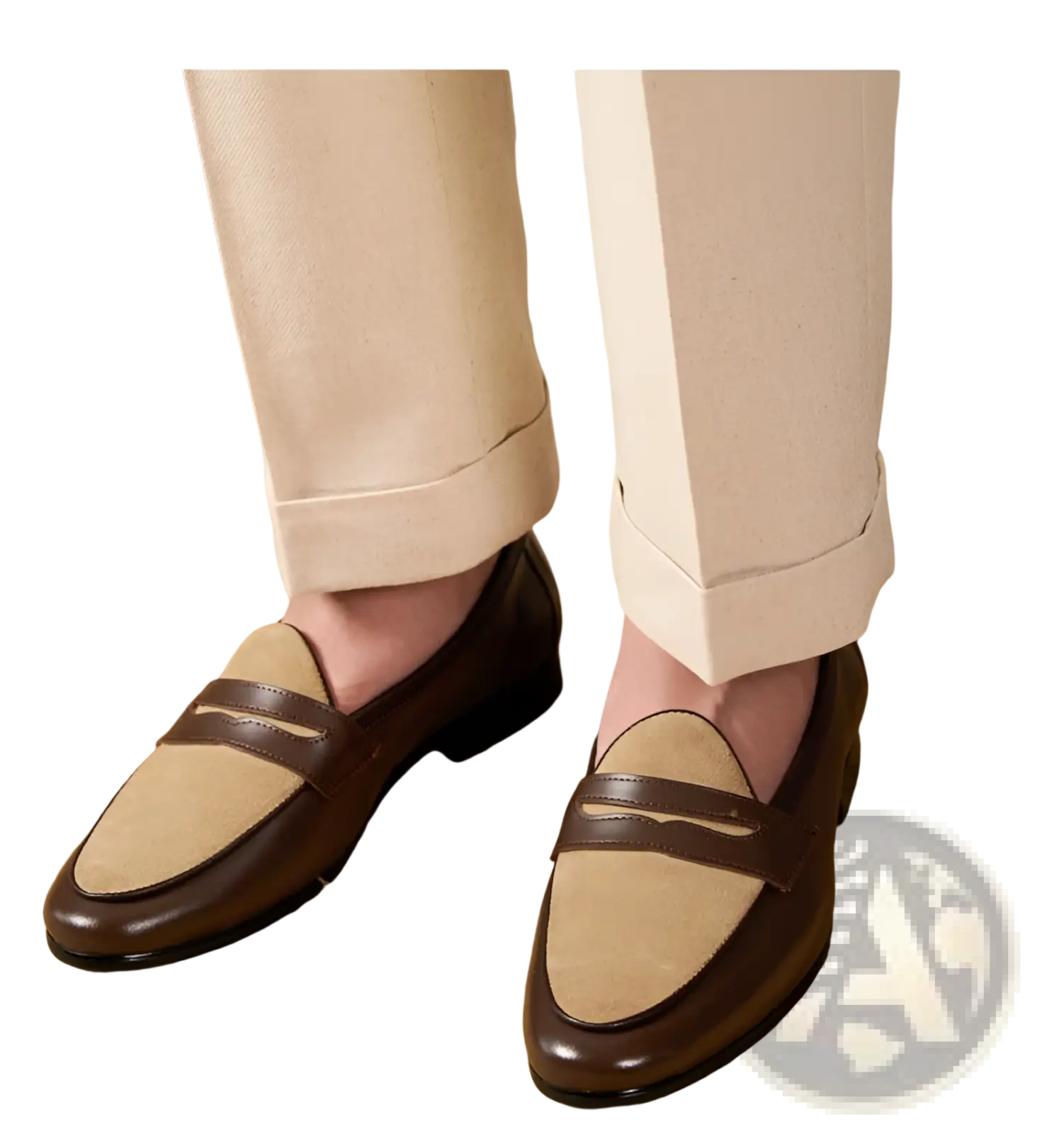 Brown and beige two tone British style suede loafers with block heel in a classic slip on leather design