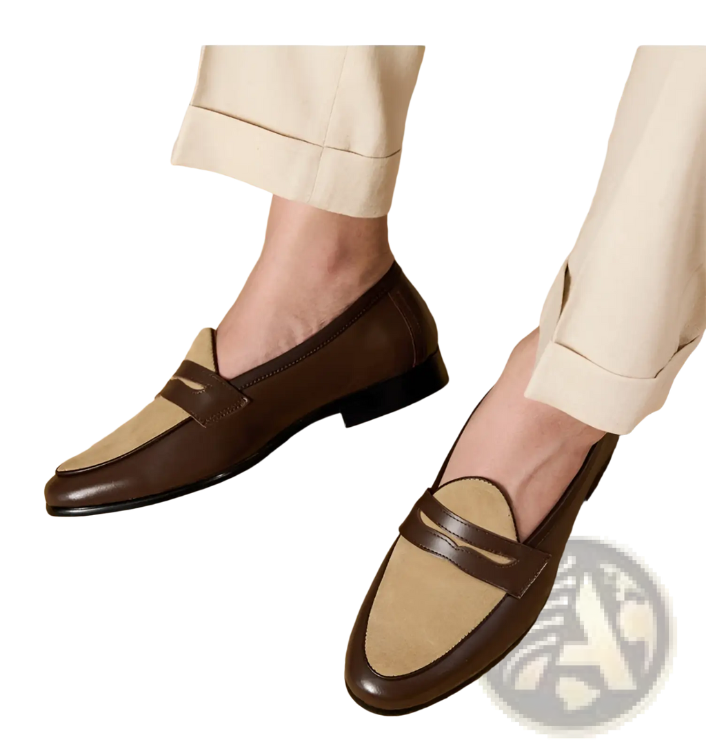 Brown and beige two tone suede loafers with block heel and classic slip on design in british style