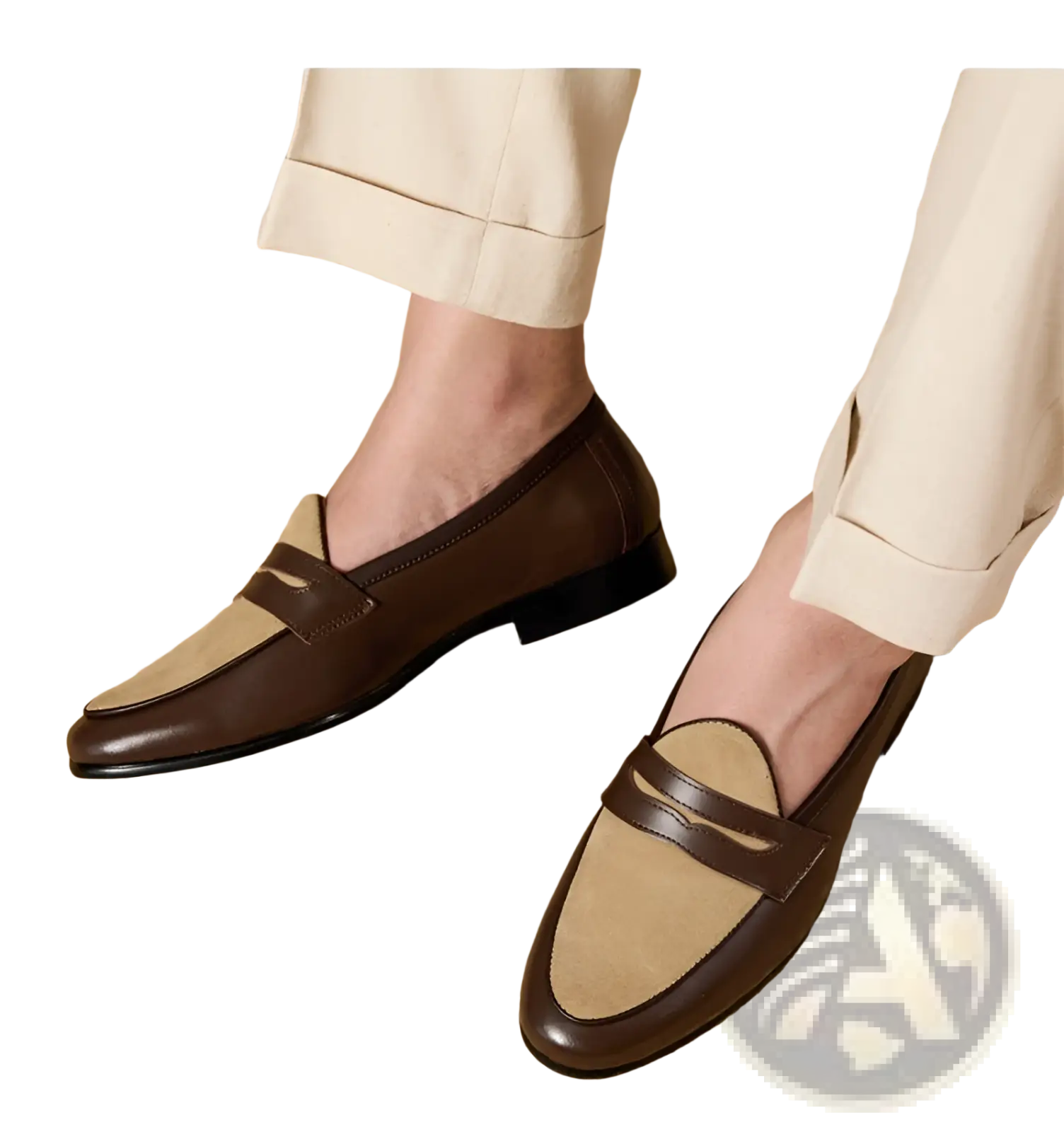 Brown and beige two tone suede loafers with block heel and classic slip on design in british style
