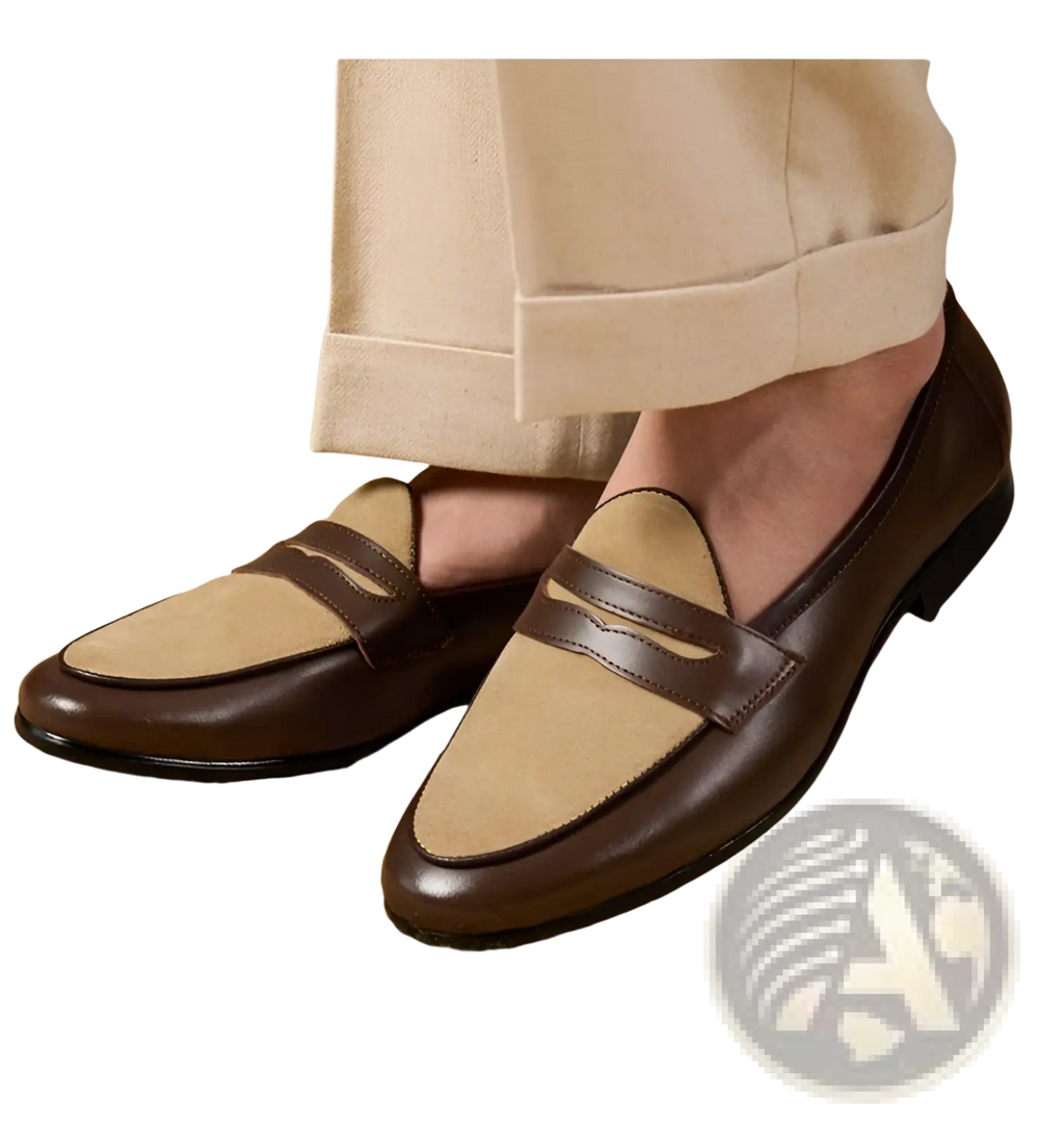 Two tone british style suede loafers in brown and tan leather with a distinctive wooden block heel