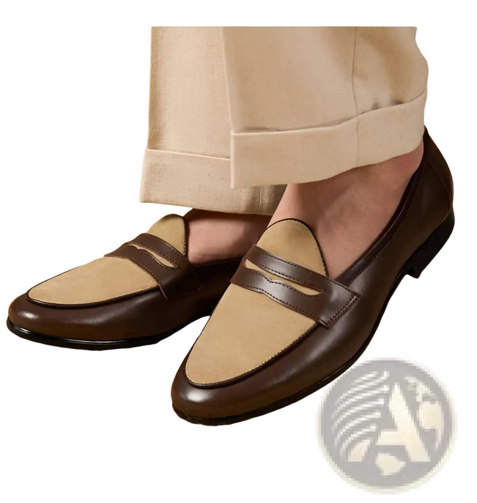 Two tone british style suede loafers in brown and tan leather with a distinctive wooden block heel
