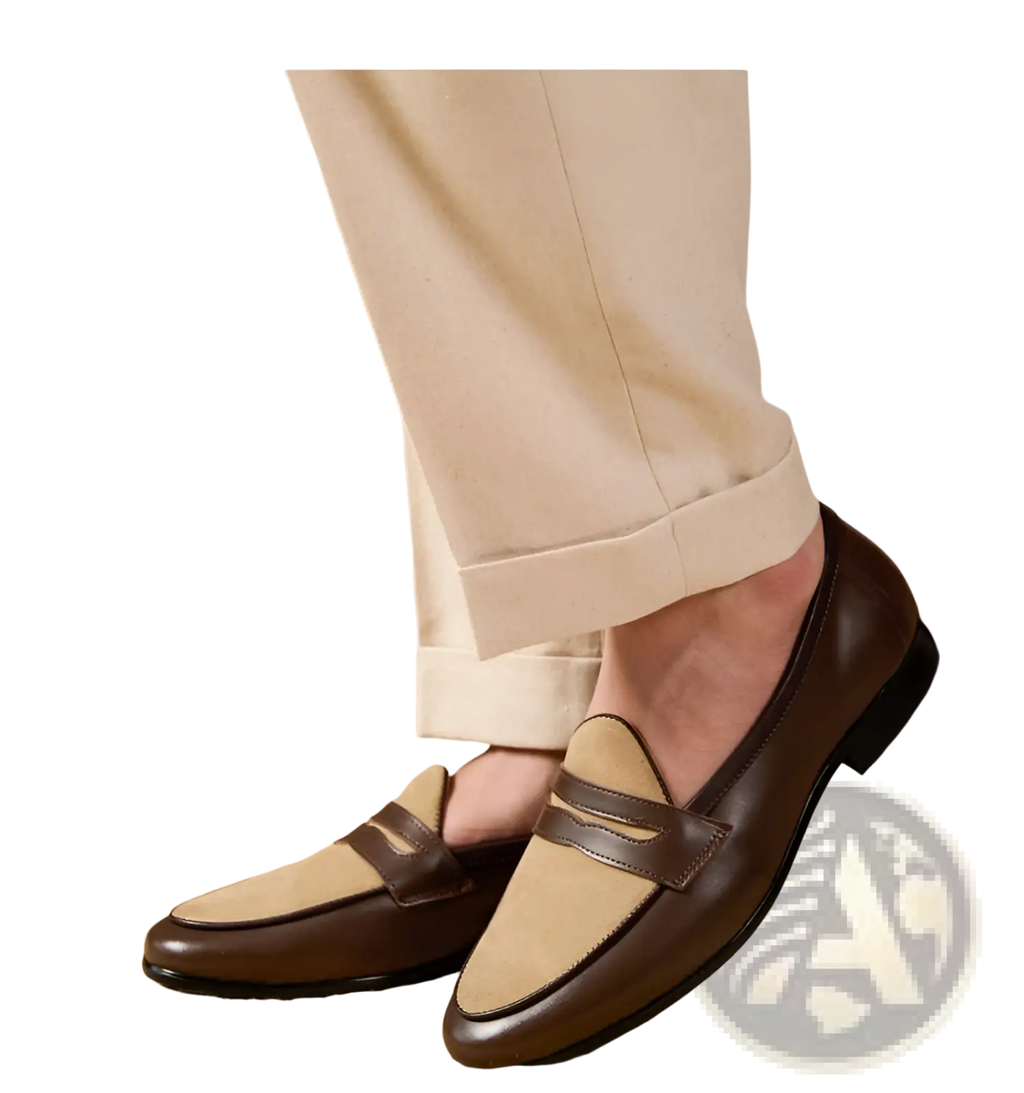 Brown and beige two tone british style suede loafers with block heel and classic slip on design