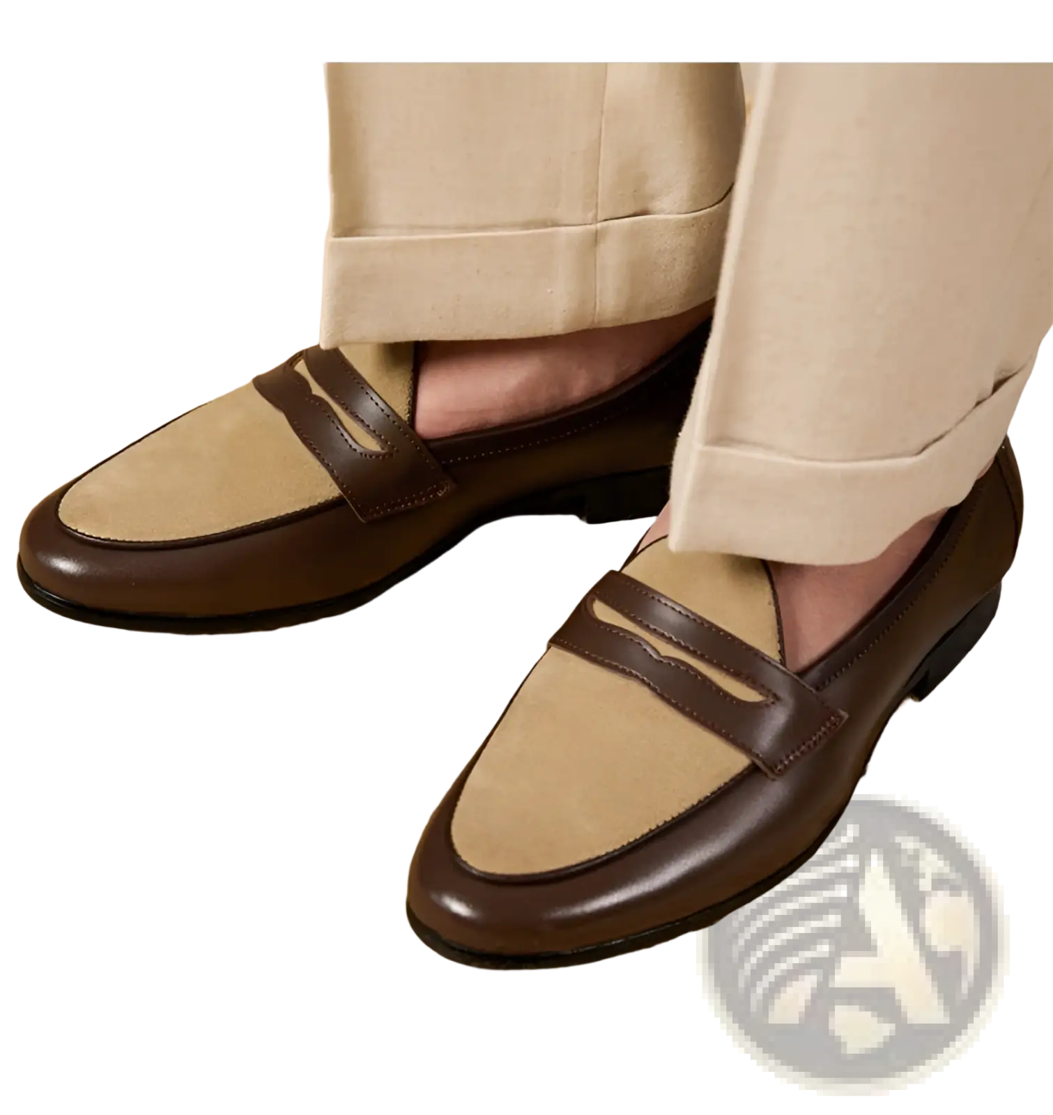 Two tone British style suede loafers in brown and beige with a classic penny loafer design and block heel