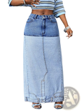 Two tone denim maxi skirt with a darker blue waistband and lighter blue lower section featuring visible stitching