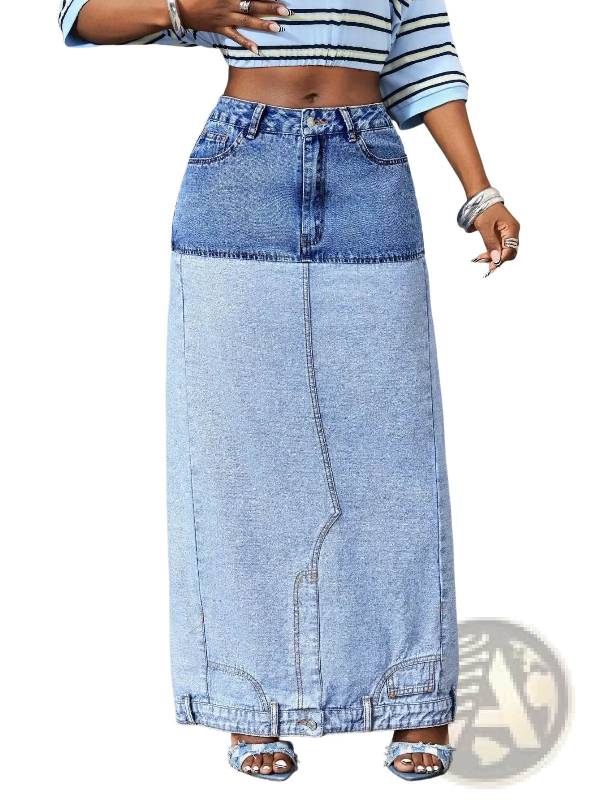 Two tone denim maxi skirt with a darker blue waistband and lighter blue lower section featuring visible stitching