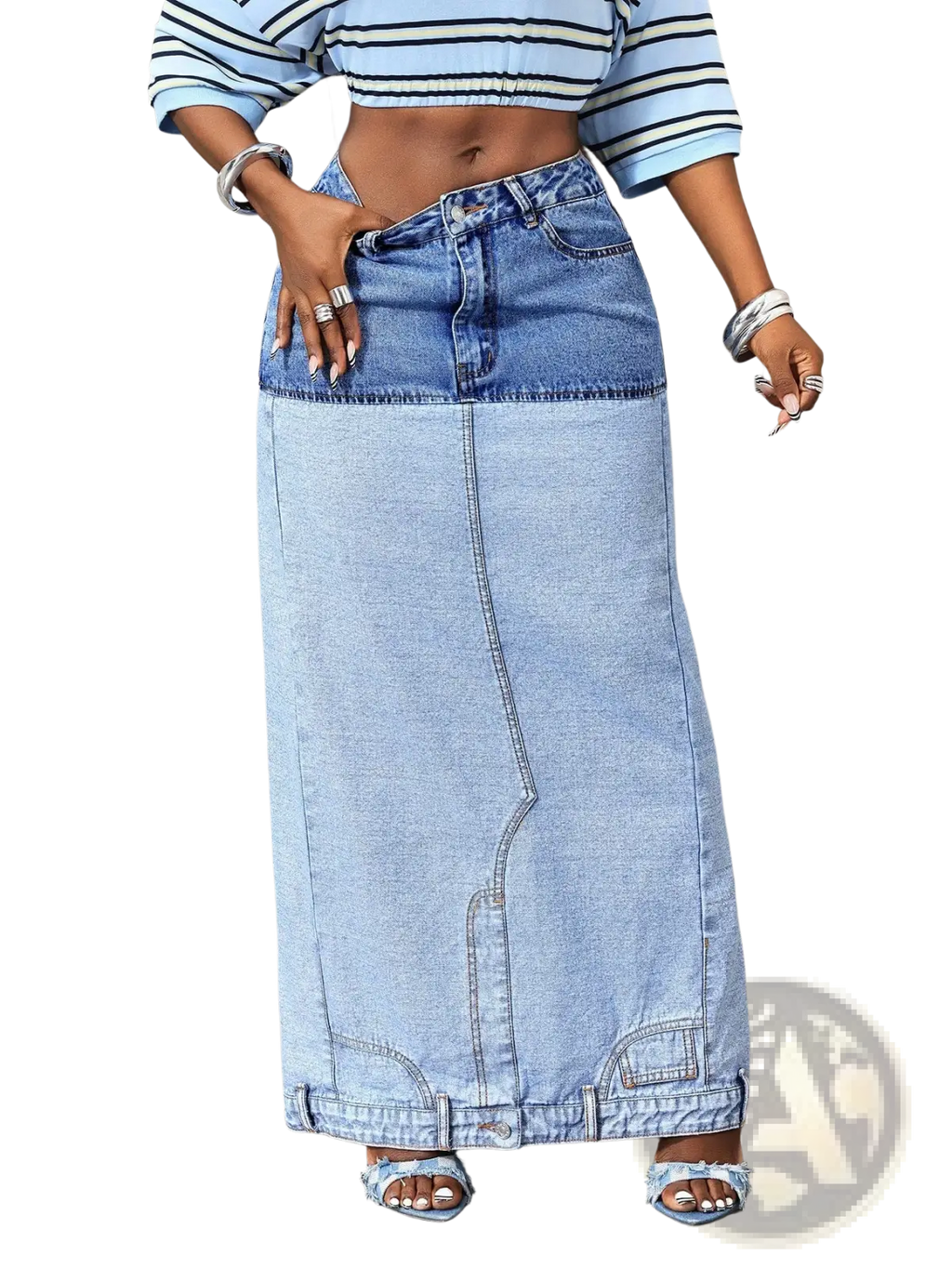 Two tone denim maxi skirt with darker blue waistband and lighter wash fabric featuring stitching and button details