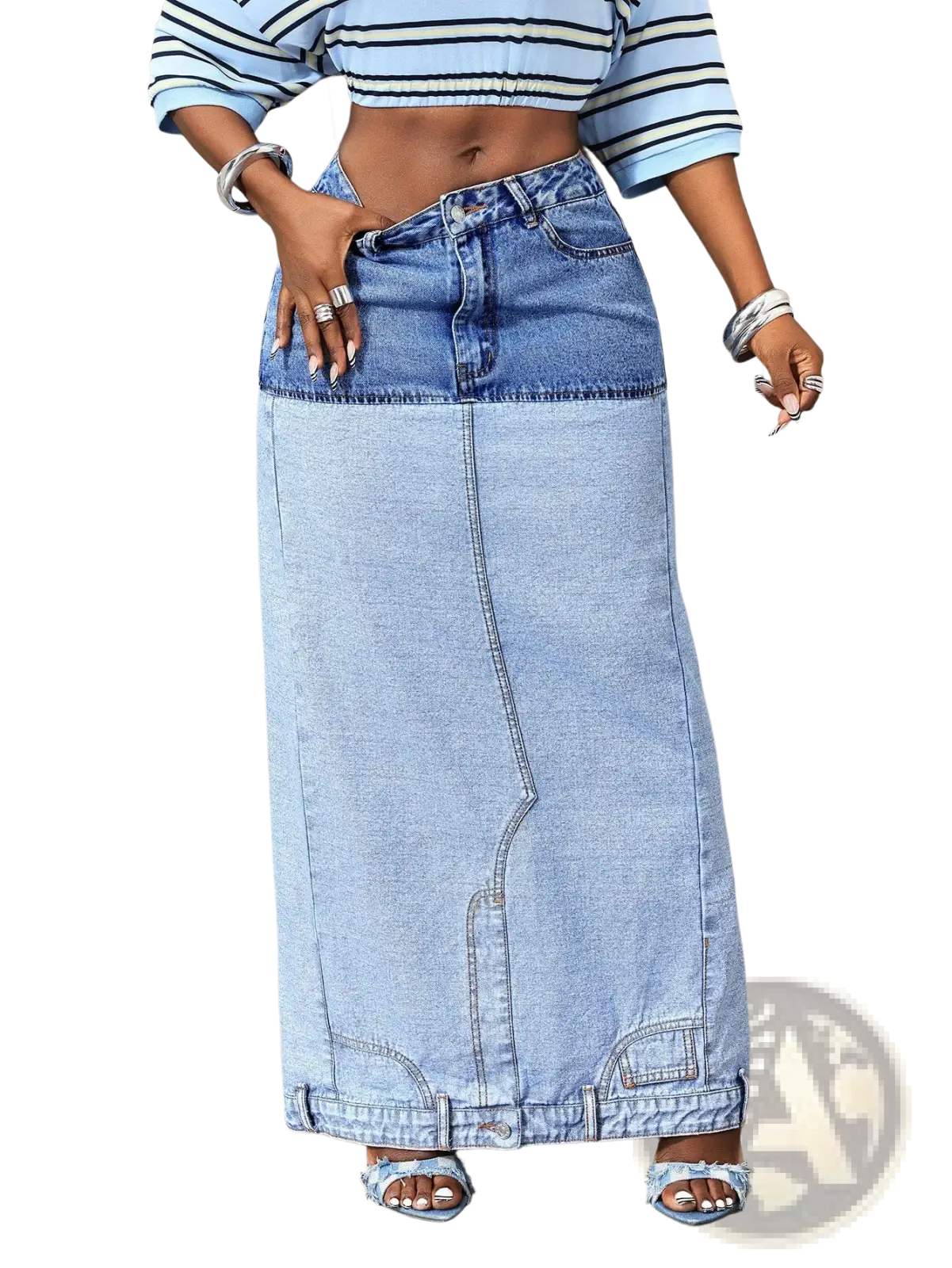 Two tone denim maxi skirt with darker blue waistband and lighter wash fabric featuring stitching and button details