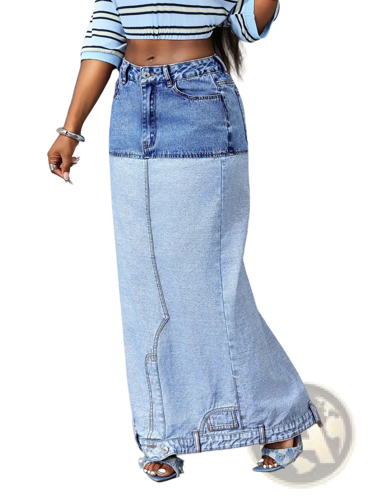 A high-waisted two tone denim maxi skirt in darker blue and lighter wash denim with a color block design