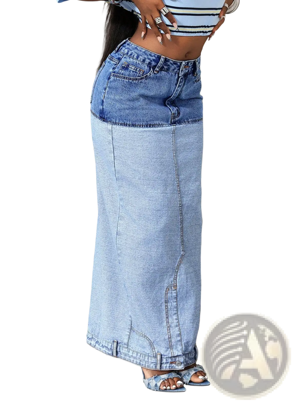 Two tone denim maxi skirt with darker blue waistband and lighter wash fabric featuring classic stitching details