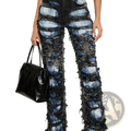Two tone distressed wide leg jeans in black and blue denim with layered ripped sections and a wide fit