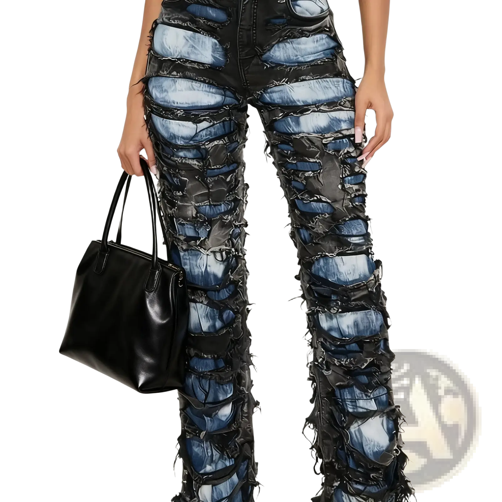Two tone distressed wide leg jeans in black and blue denim with layered ripped sections and a wide fit