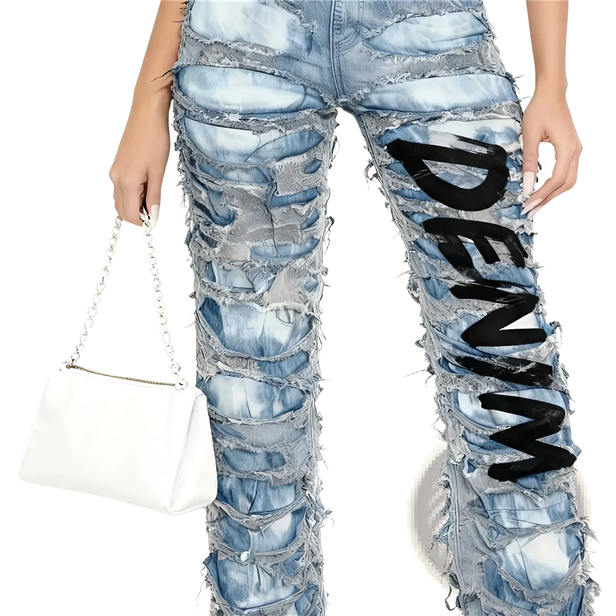 Two tone distressed wide leg jeans in light blue denim with layered rips and bold black denim lettering down the leg