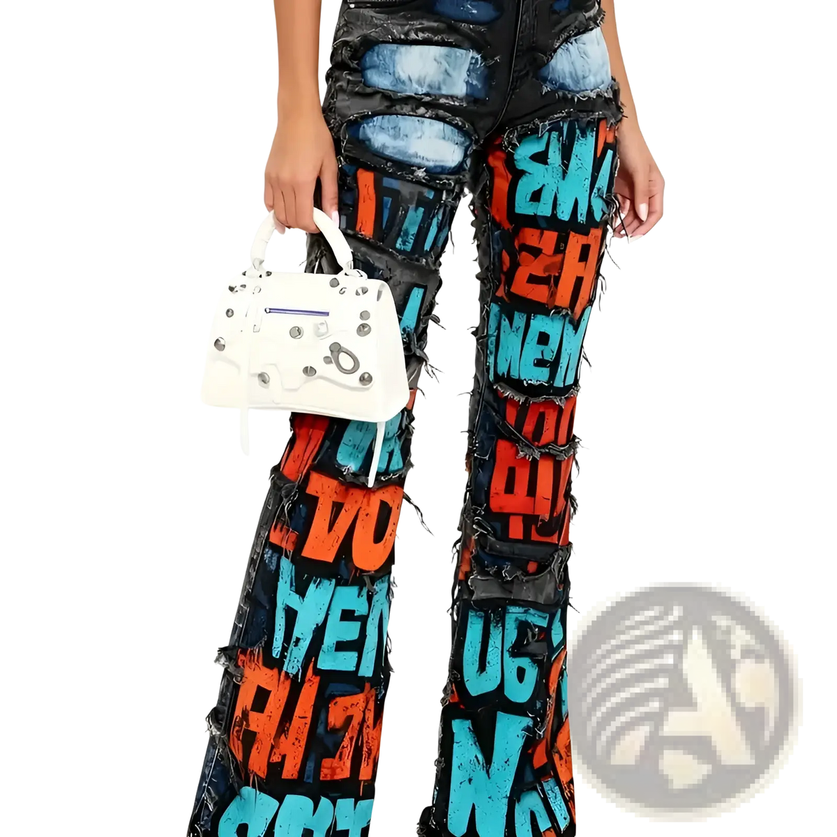 White studded handbag paired with two tone distressed wide leg black denim jeans featuring colorful graffiti lettering