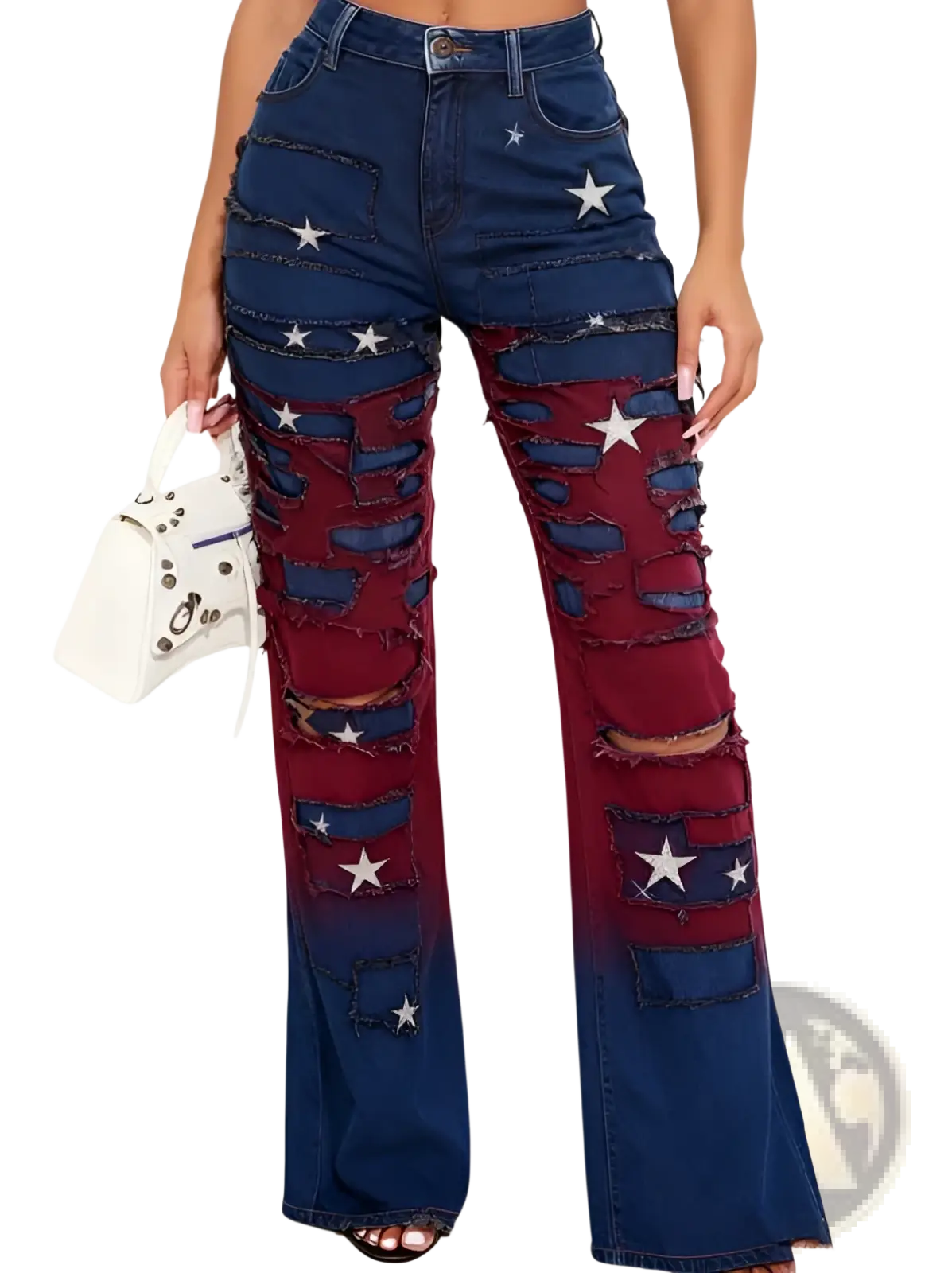 Two tone distressed wide leg jeans in blue and red gradient denim with white star patches and ripped detailing