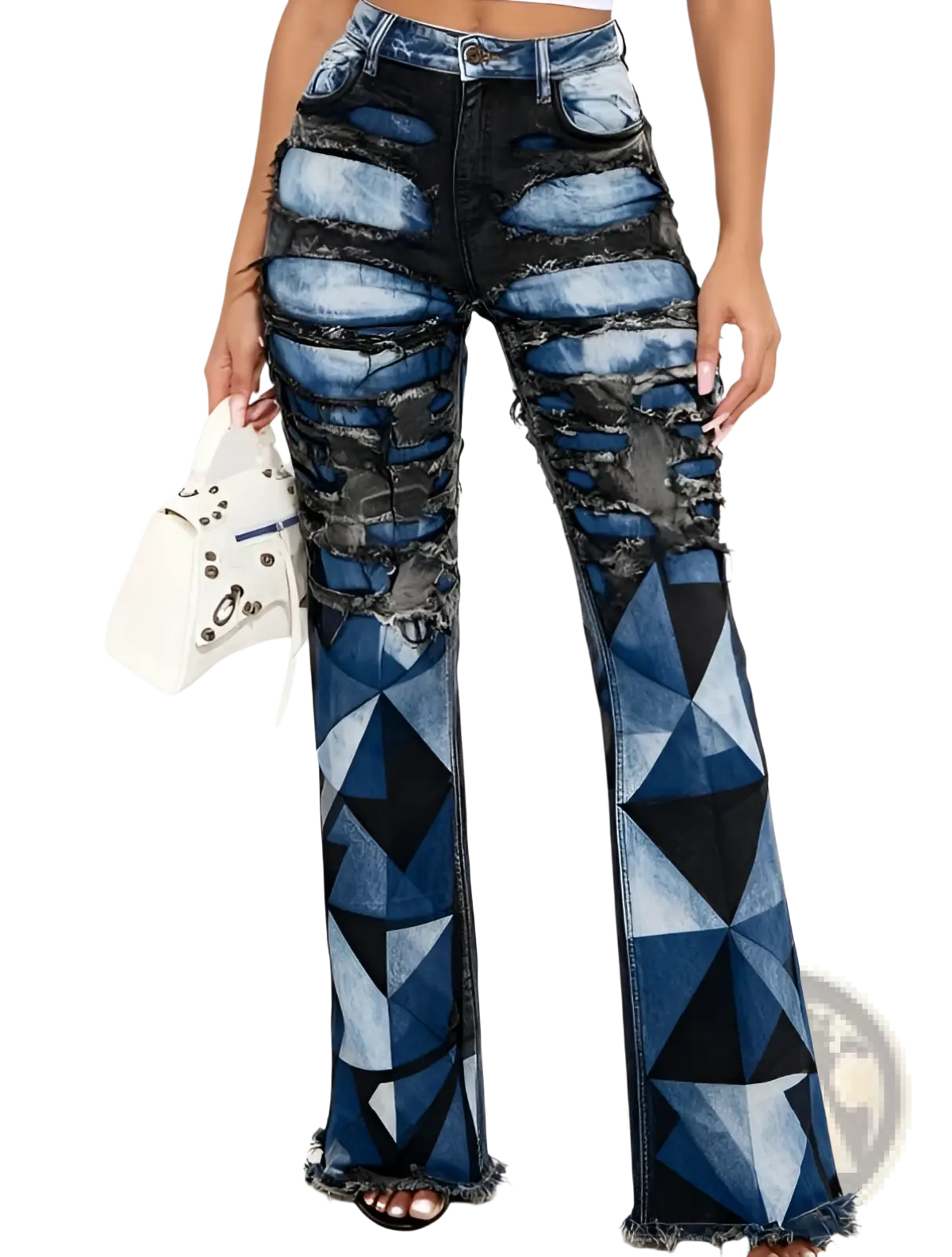 Two tone distressed wide leg jeans in blue and black geometric patterned flared denim with ripped sections