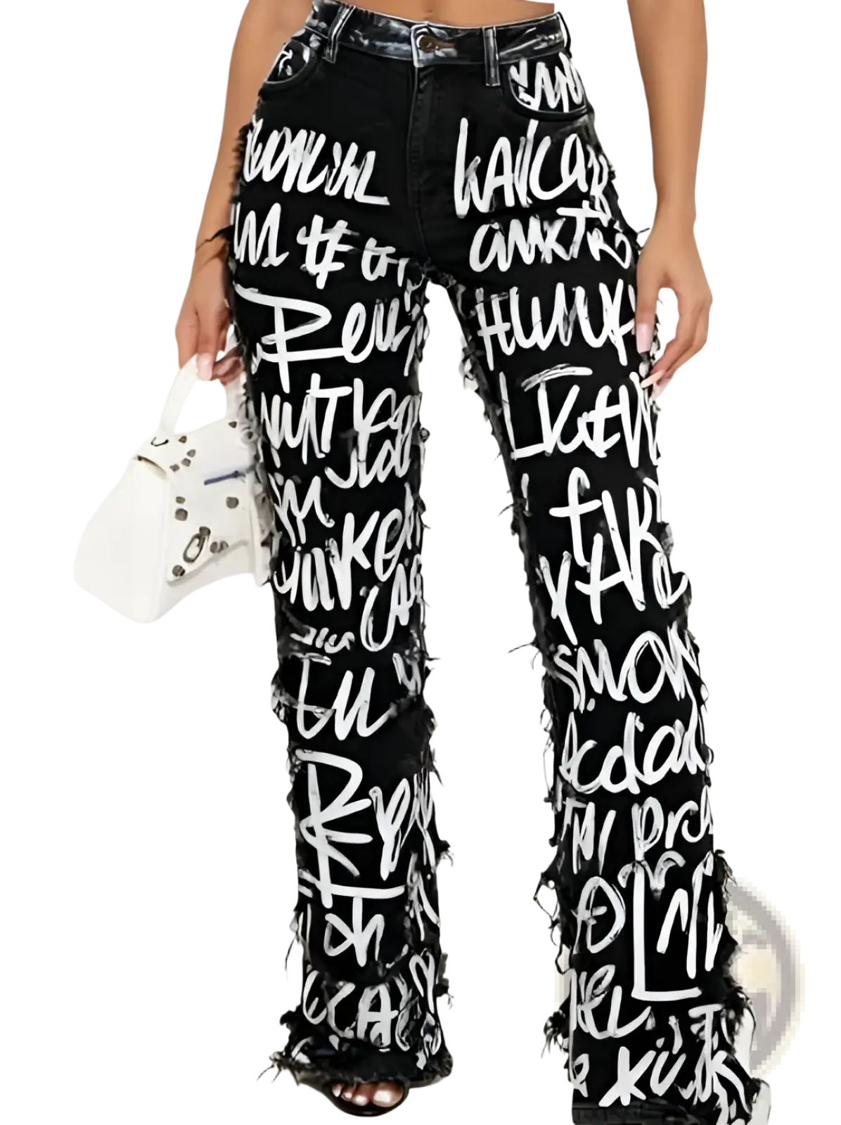 Black high-waisted two tone distressed wide leg jeans with bold white graffiti lettering and frayed hems