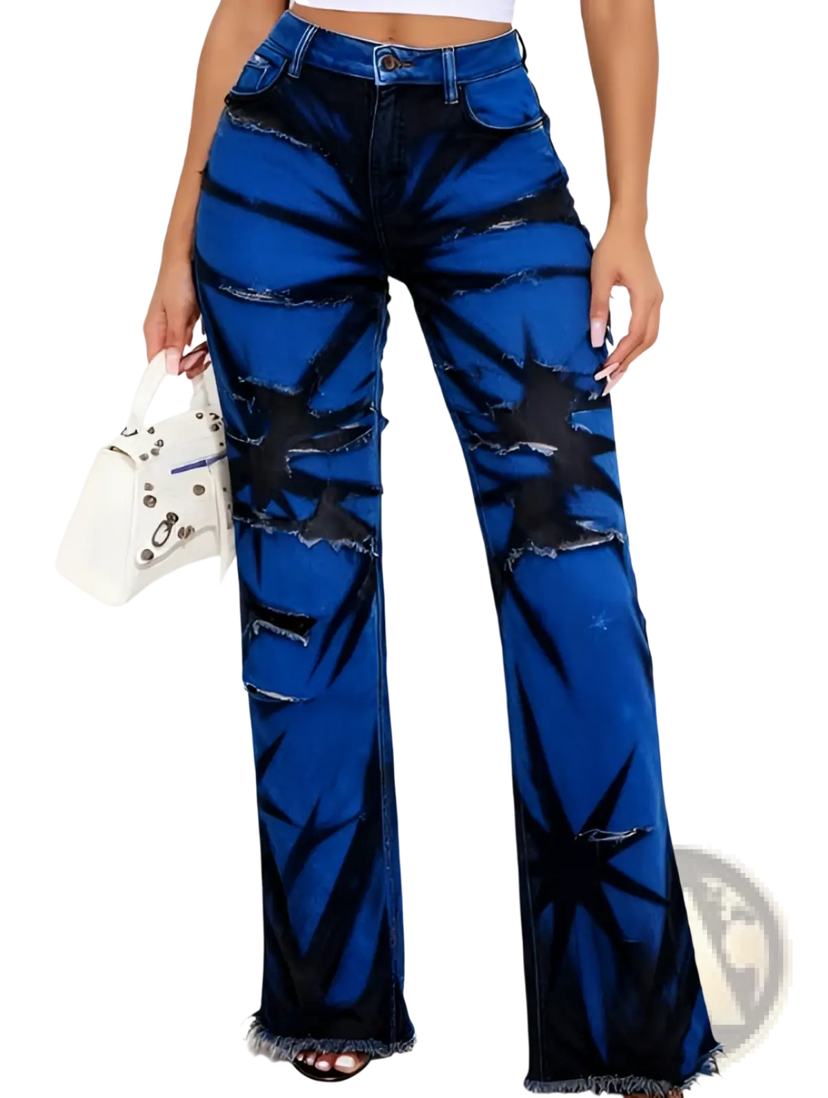 Two tone distressed wide leg jeans in vibrant blue denim with bold black starburst patterns and frayed detailing