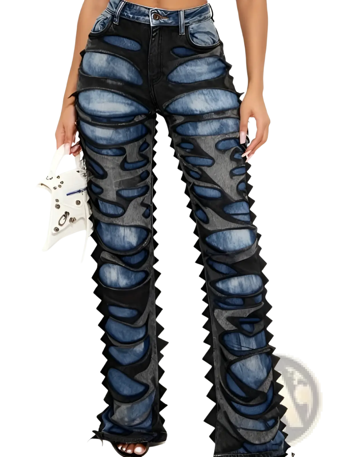 High-waisted two tone distressed wide leg jeans with bold jagged cutouts and layered blue and black denim panels