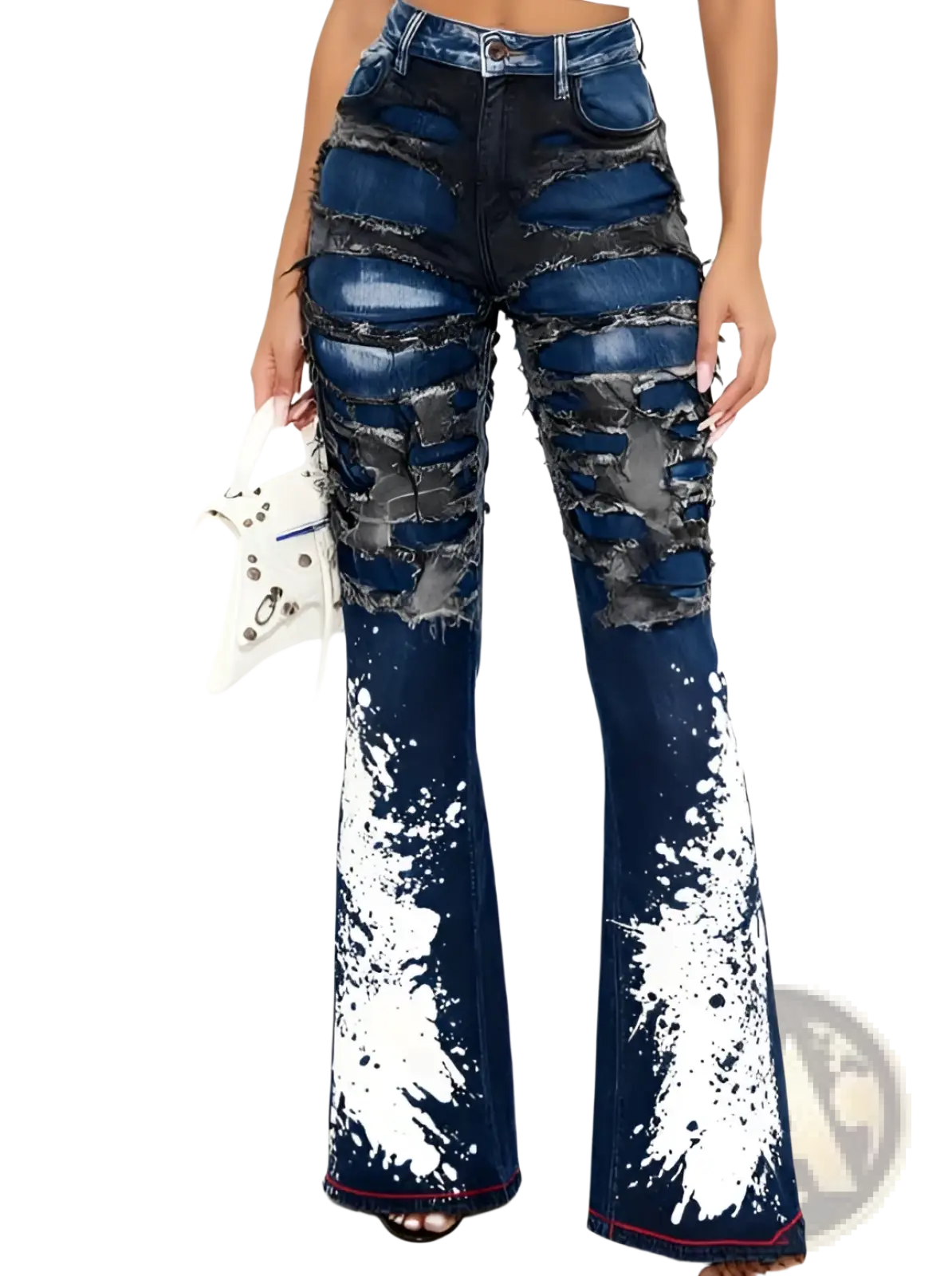 Two tone distressed wide leg jeans in dark blue denim with ripped sections and white paint splatter designs