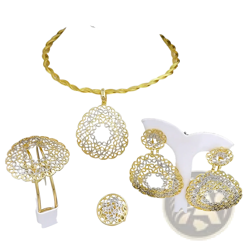 Two tone gold filigree jewelry set for women featuring gold and silver lace-like necklace earrings ring and hair clip