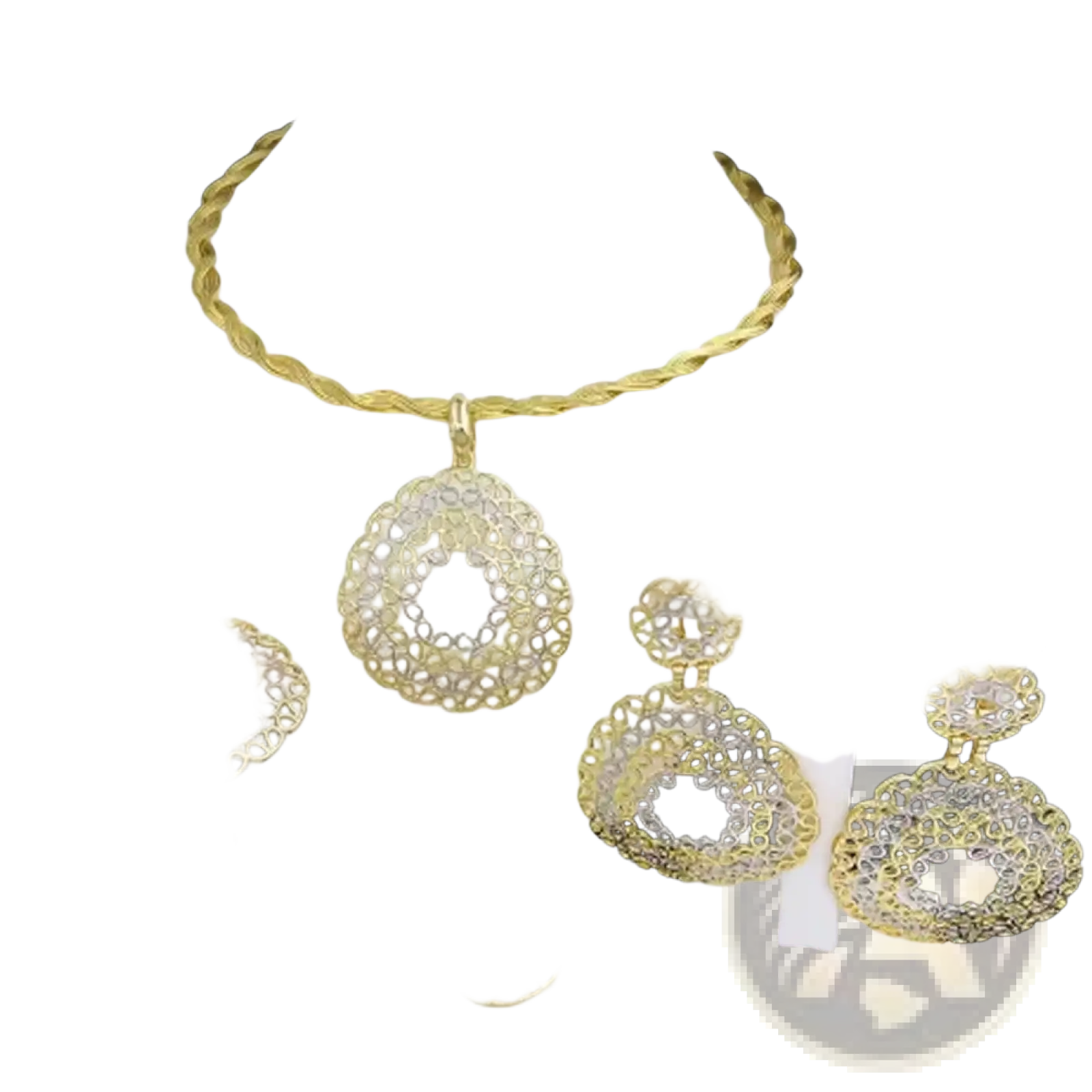 Two tone gold and silver filigree jewelry set for women with intricate lace-like patterns on necklace earrings ring and hair clip