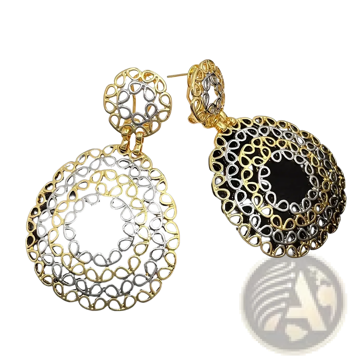 Two tone gold filigree drop earrings with intricate silver teardrop patterned metalwork for women