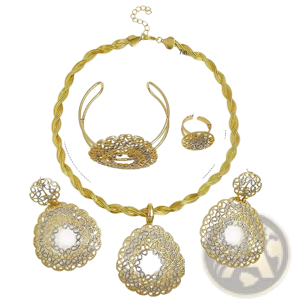 Two tone gold filigree necklace with silver accents and twisted rope chain featuring a large central pendant