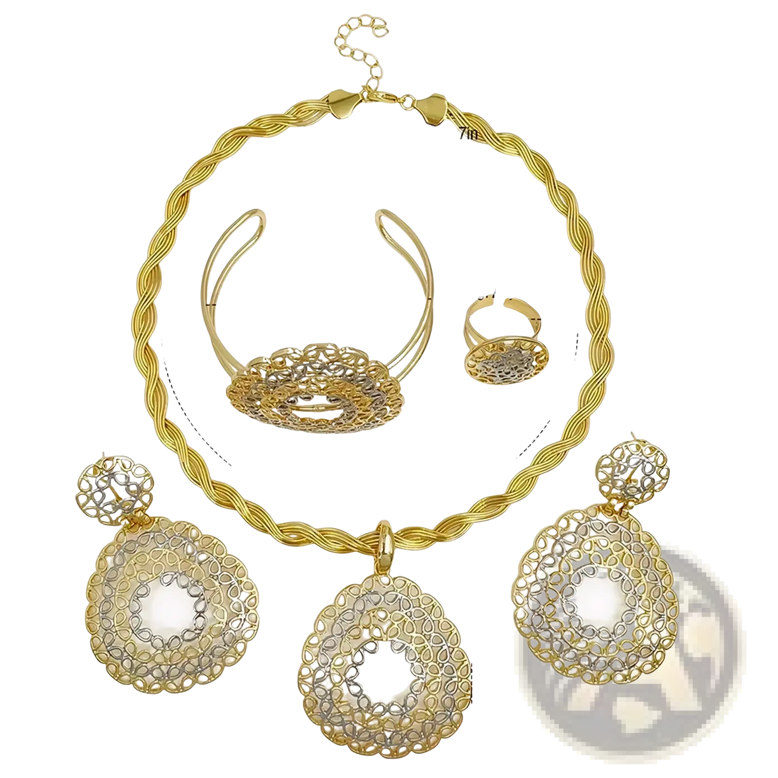 Two tone gold filigree necklace with silver accents and twisted rope chain featuring a large central pendant