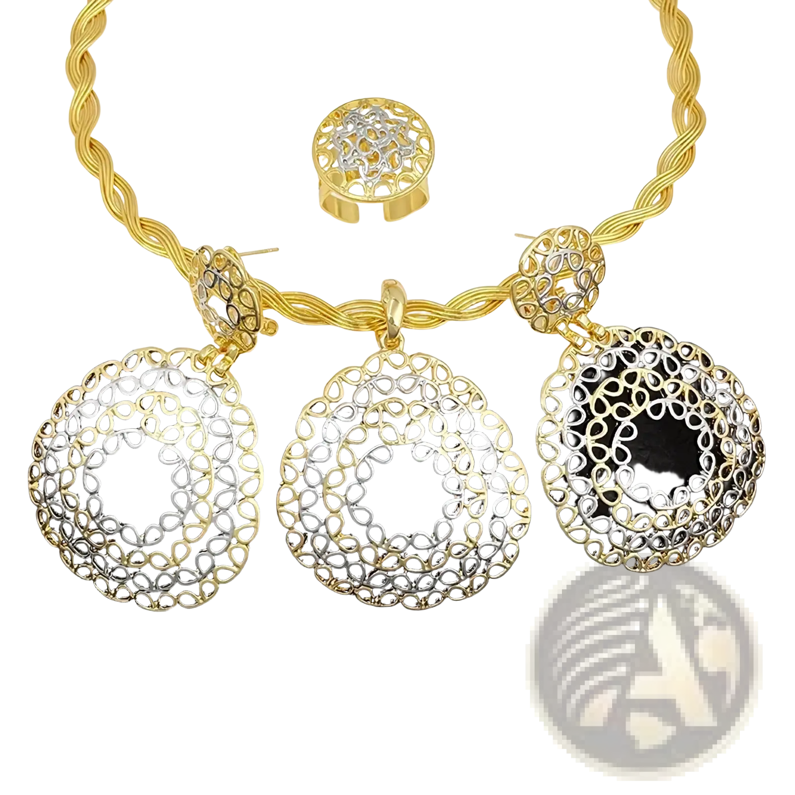 Two tone gold filigree jewelry set for women featuring gold and silver pendant necklace with matching earrings and ring