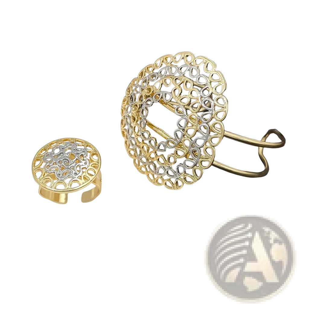 Two tone gold filigree jewelry set featuring a gold and silver filigree ring with intricate openwork patterns