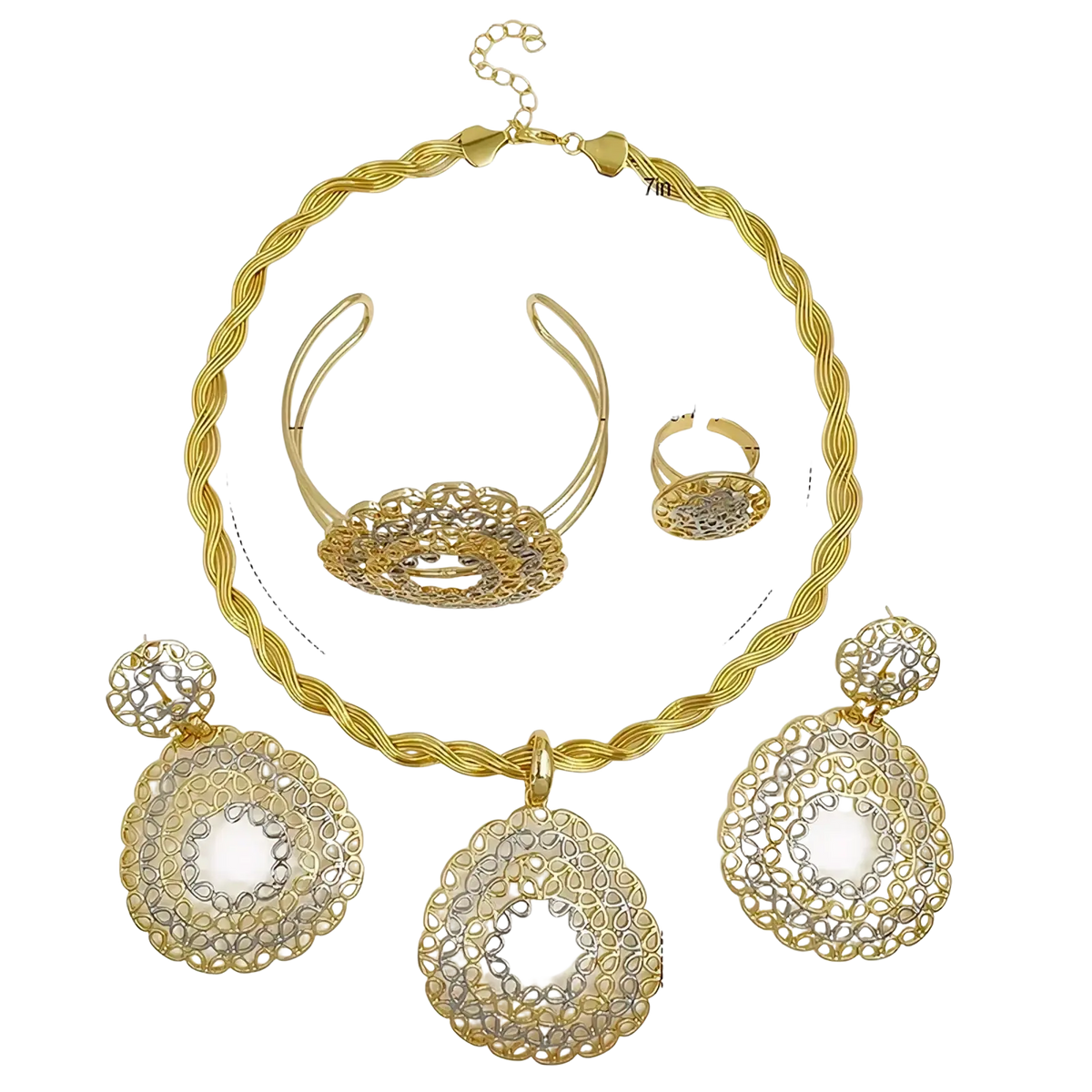 Two tone gold filigree necklace with silver accents and twisted rope chain featuring a large central pendant