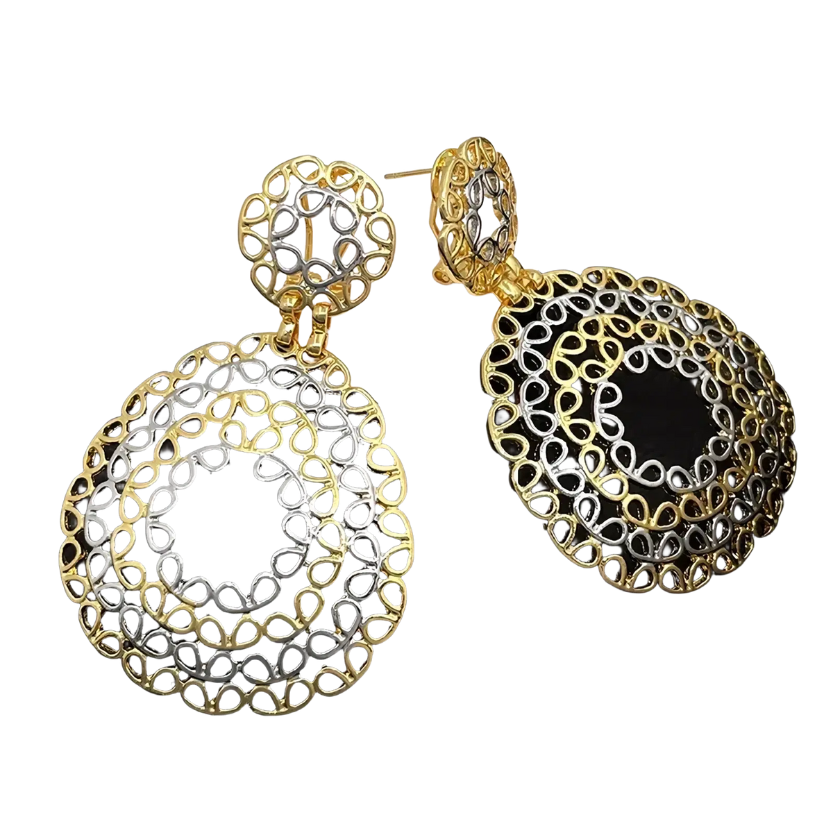 Two tone gold filigree drop earrings with intricate silver teardrop patterned metalwork for women