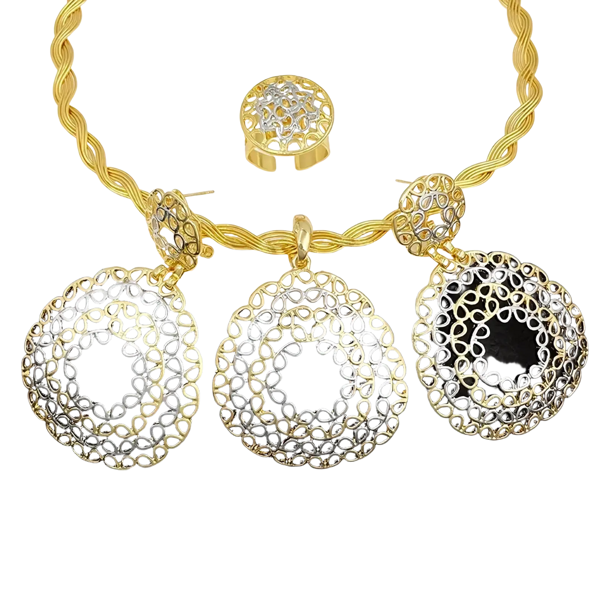 Two tone gold filigree jewelry set for women featuring gold and silver pendant necklace with matching earrings and ring