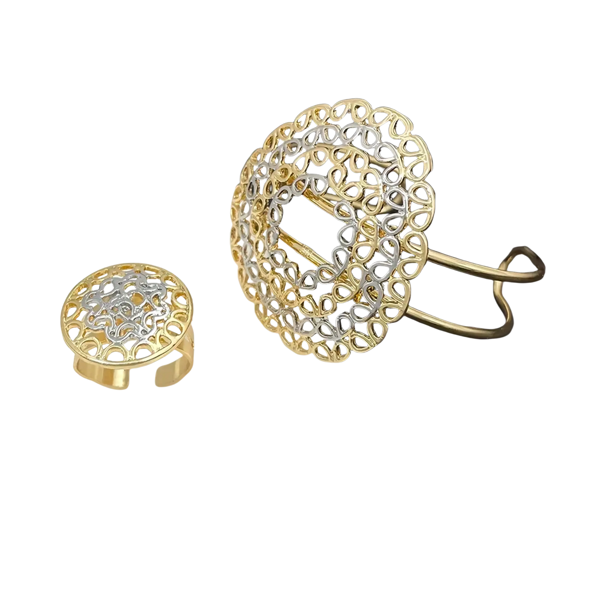 Two tone gold filigree jewelry set featuring a gold and silver filigree ring with intricate openwork patterns