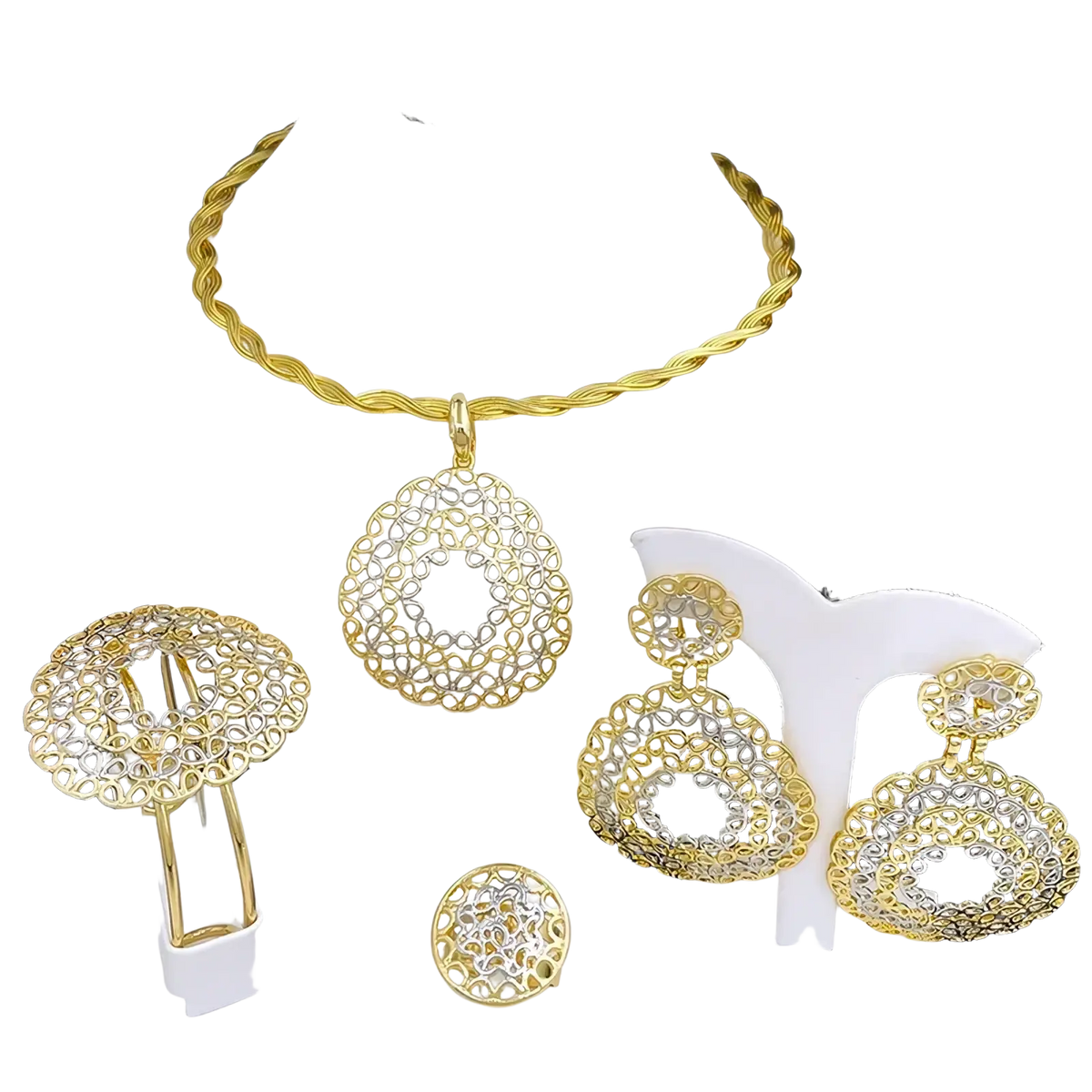 Two tone gold filigree jewelry set for women featuring gold and silver lace-like necklace earrings ring and hair clip