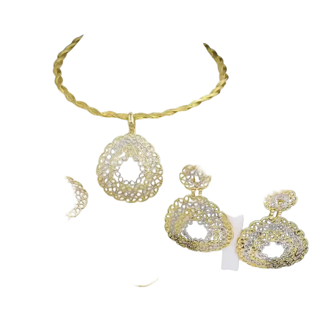 Two tone gold and silver filigree jewelry set for women with intricate lace-like patterns on necklace earrings ring and hair clip